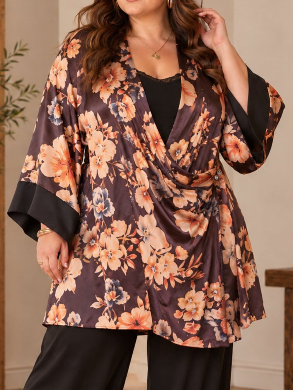 Soft Surroundings 3X 100% Silk Floral Wrap Kimono Robe Brown Orange
